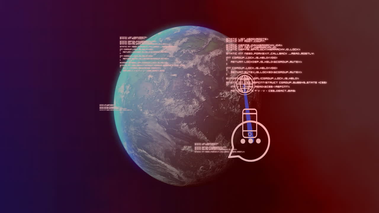 Animation of digital communication icons over Earth, showcasing global data exchange