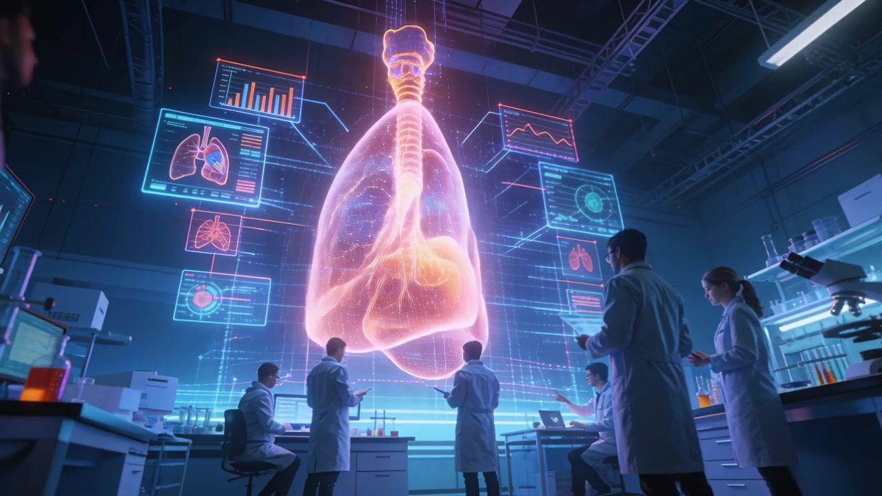 Responding to hologram pulse, team in lab coats moving toward hologram lungs at lab, using tablets