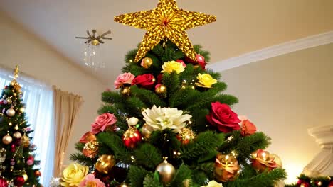 close-up of a christmas tree decorated with flowers