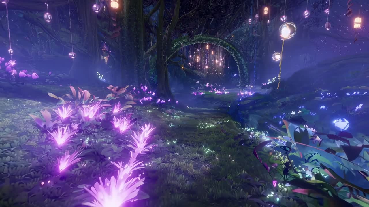 Enchanted forest with glowing flowers, captured in a wide-angle shot for a fantasy video