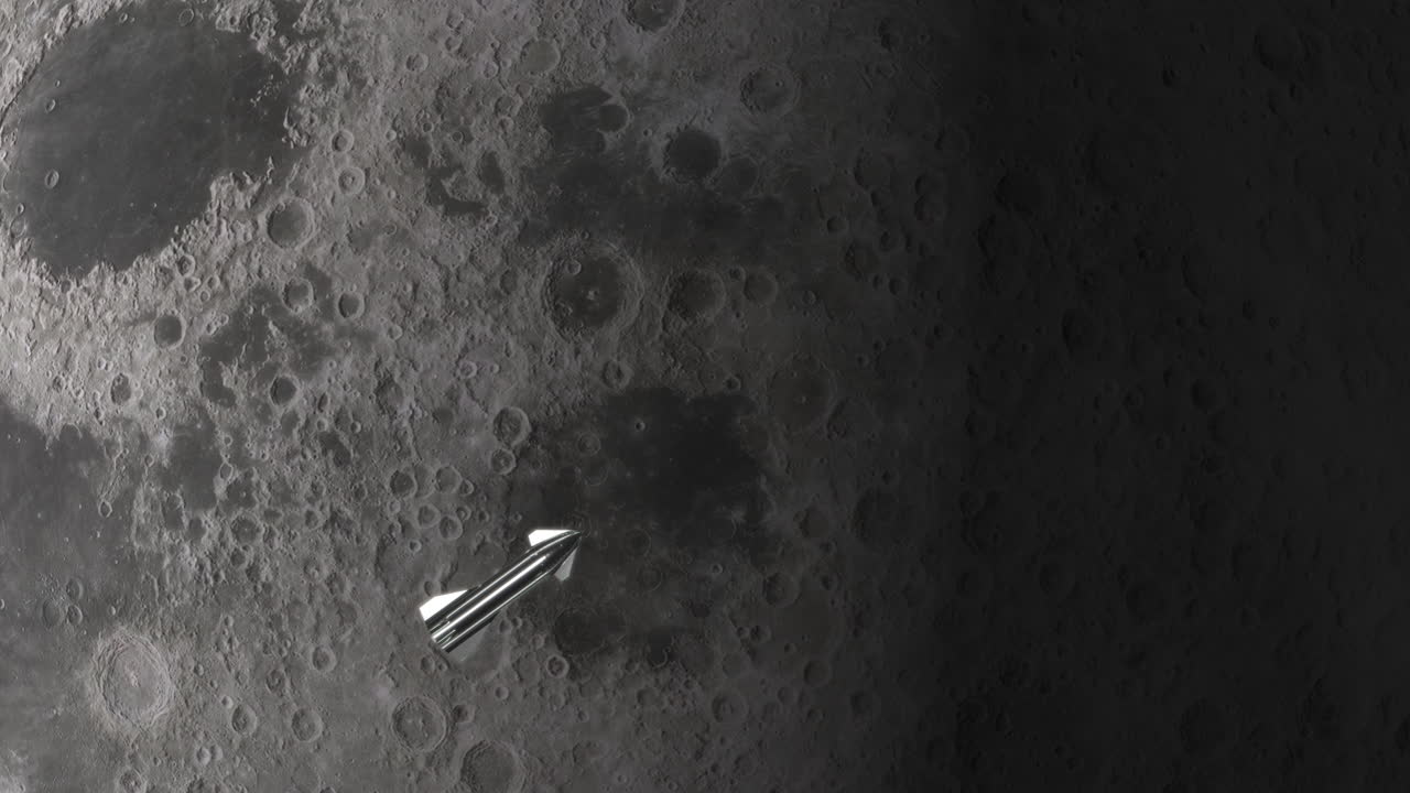 Starship Shiny Spacecraft Orbiting Moon in Space with Great Details on Craters and Terrain Landscape with Craft Getting Ready to Land to Bring People Back to Lunar Surface. 3D Animation ProRes 4K.