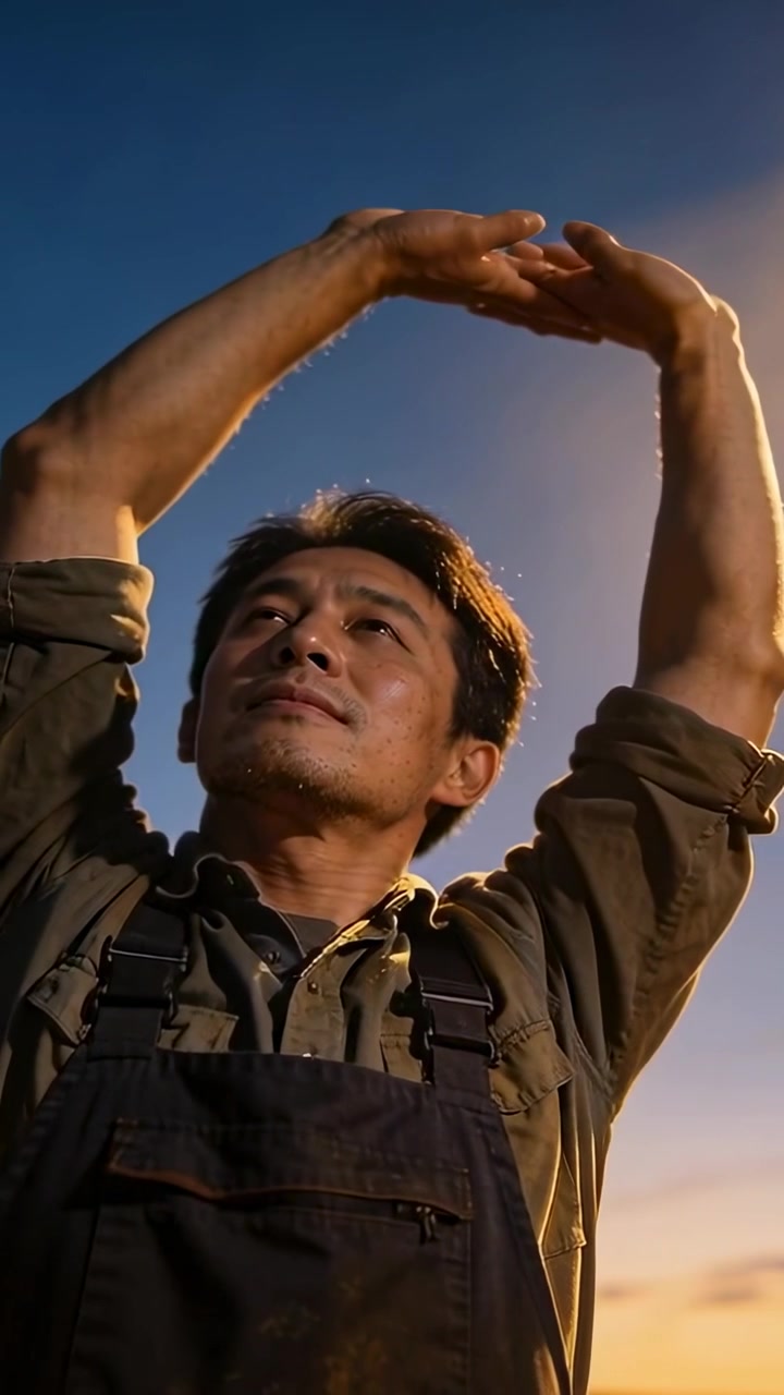 Video verticale: Uomo asiatico che si allunga sollevando le braccia sopra la testa al tramonto, in salopette e camicia color oliva.