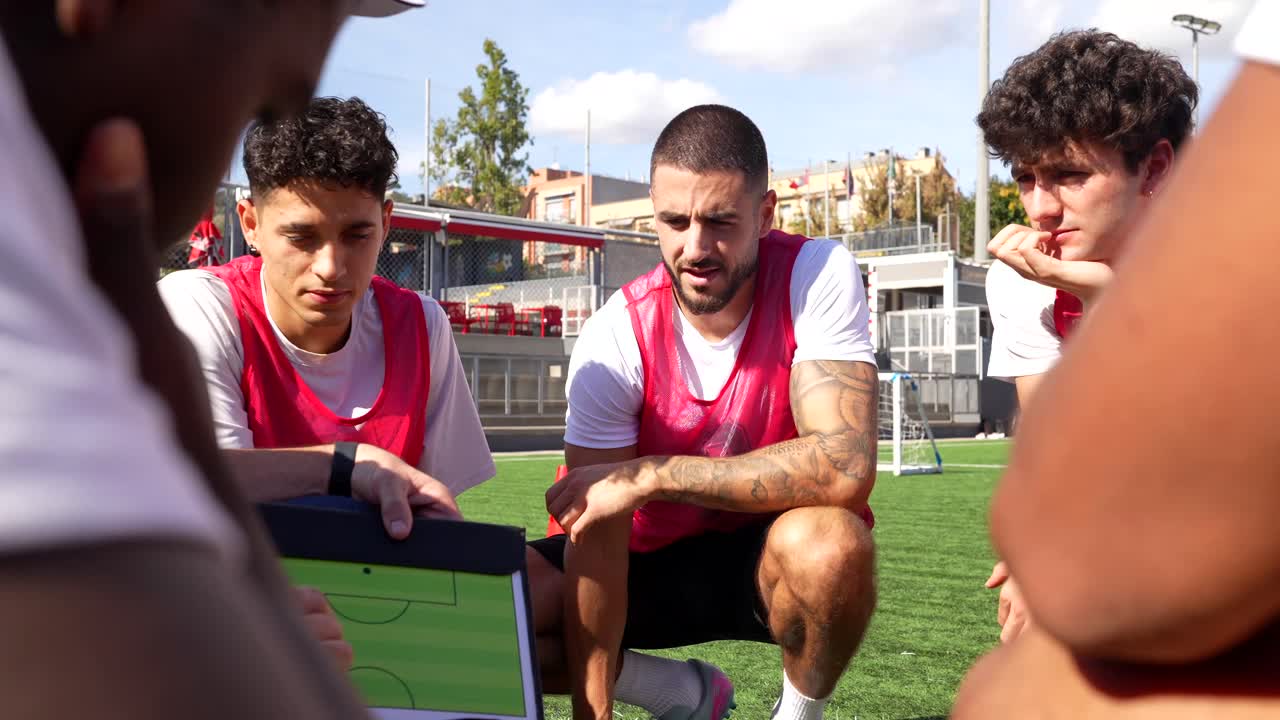 Soccer team discussing strategy with coach on the field