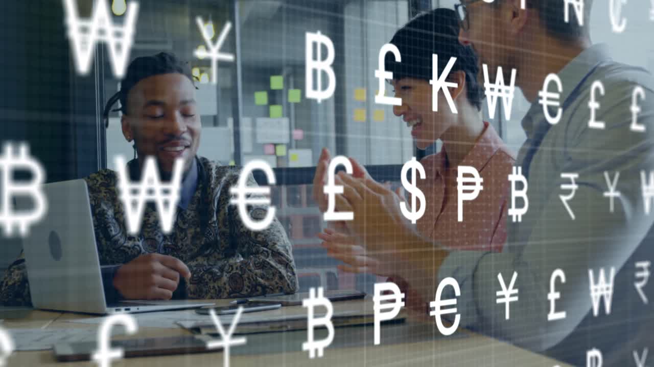 Animation of currency symbols against diverse colleagues clapping for african american man at office
