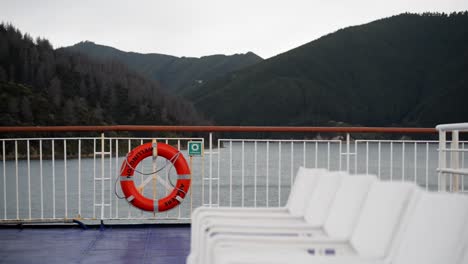 lifebuoy on the top deck of the inter islander ferry in new zealand