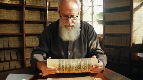 an elderly man with a long white beard and glasses reads a scroll in a library