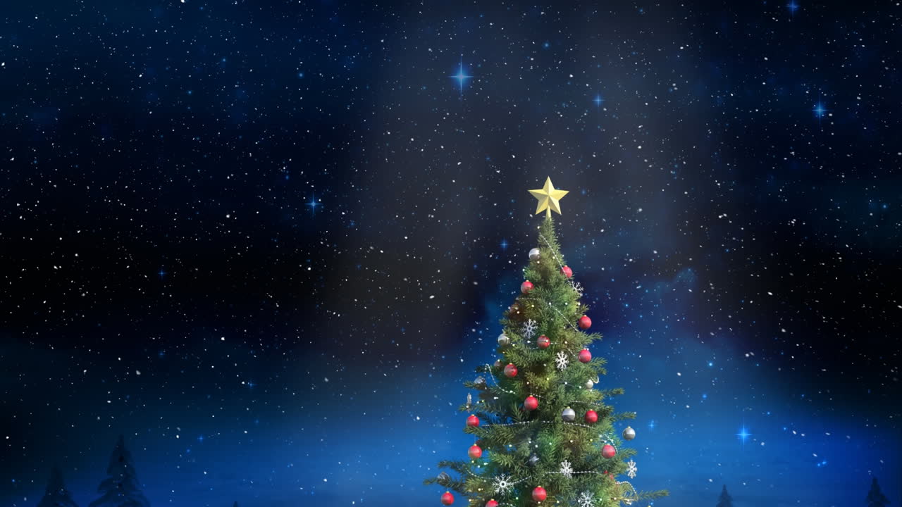 크리스마스 트리 위 에 내리는 눈 의 애니메이션