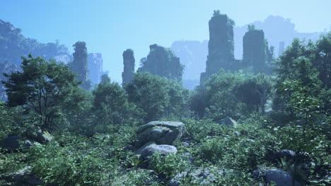 mysterious fantasy forest with tall stone ruins