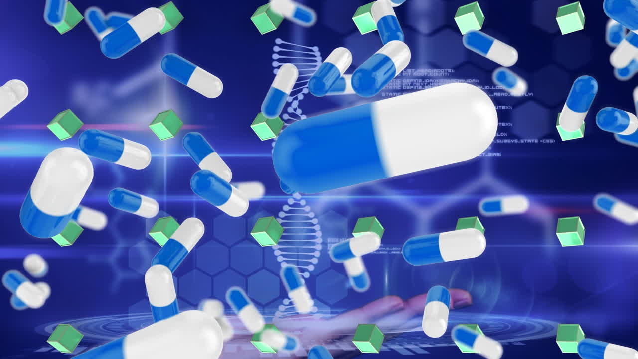 데이터 프로세싱을 통해 dna 스트랜드와 알약의 애니메이션