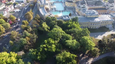 szechenyi thermal baths in budapest, hungary. aerial tilt-up