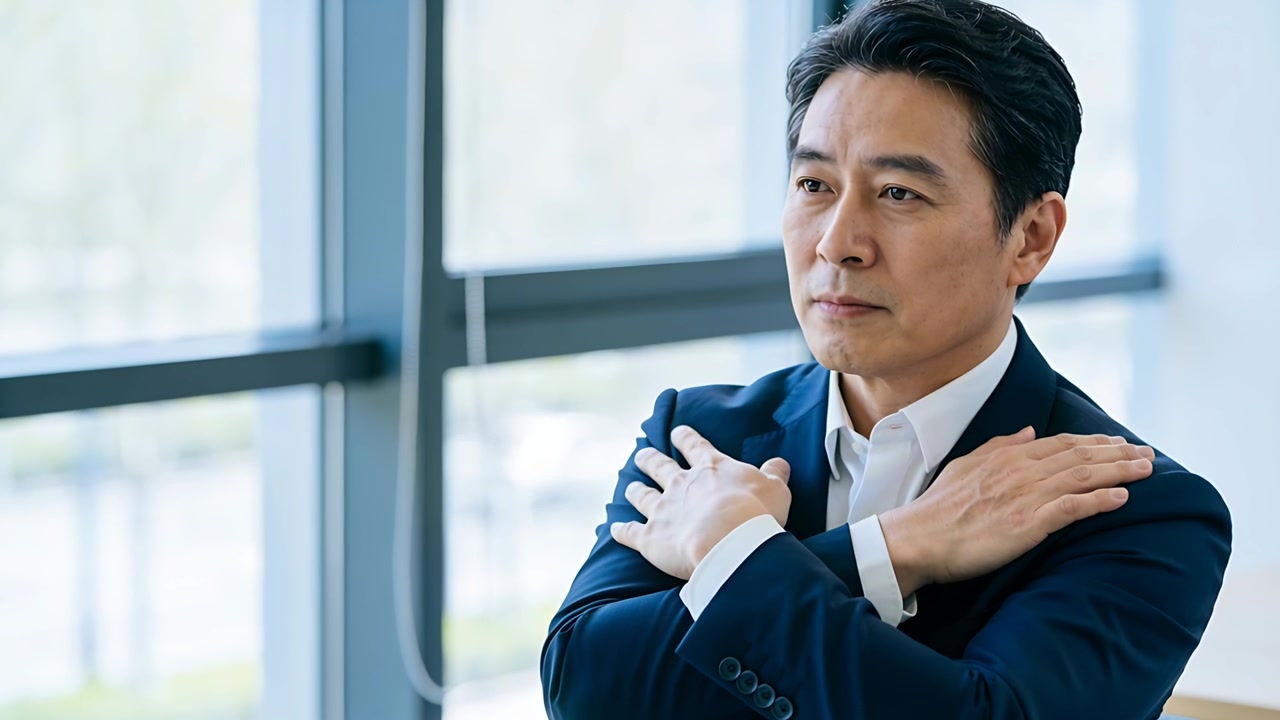 スーツと白いシャツを着た男性が、オフィスでブラインドのコードによる肩の痛みを和らげるために揉みほぐしている様子、コピースペースあり