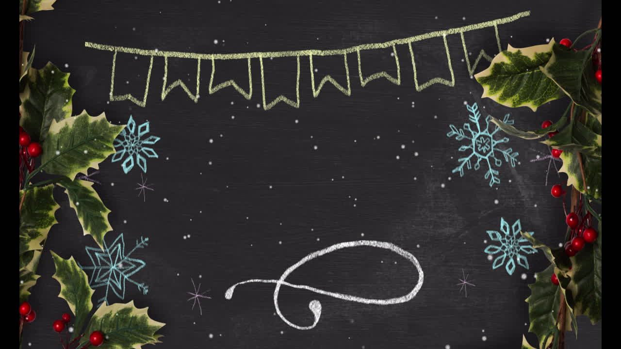 Animation of snow falling over holly, snowflakes and flags with copy space on black background