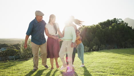 big family, in garden walking together