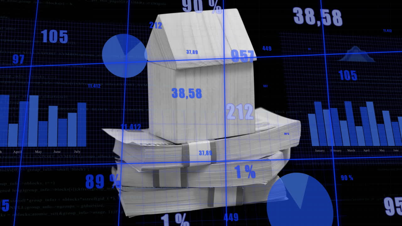 은행권의 집과 어리 위에 금융 데이터 처리의 애니메이션