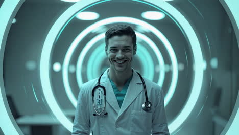 smiling doctor in a futuristic medical setting