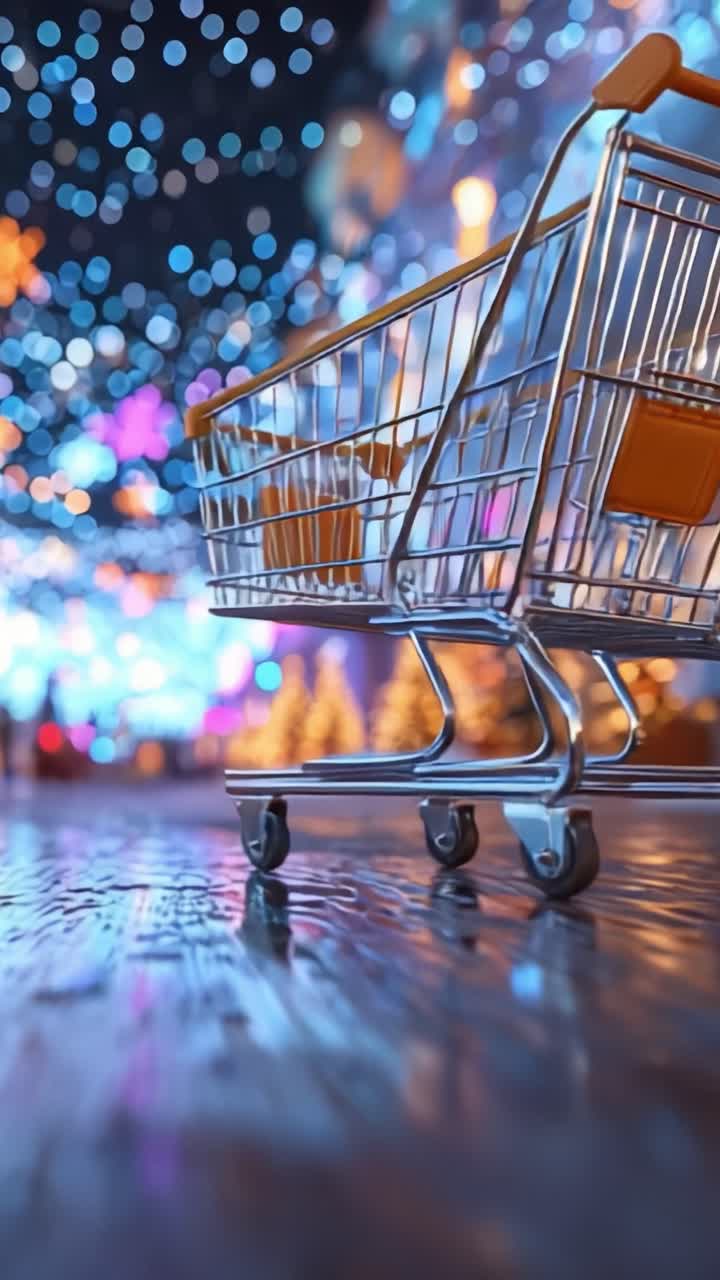 A Festive Shopping Scene Featuring a Sleek Shopping Cart Amidst Colorful Illumination and Decorated Holiday Atmosphere in a Vibrant Setting