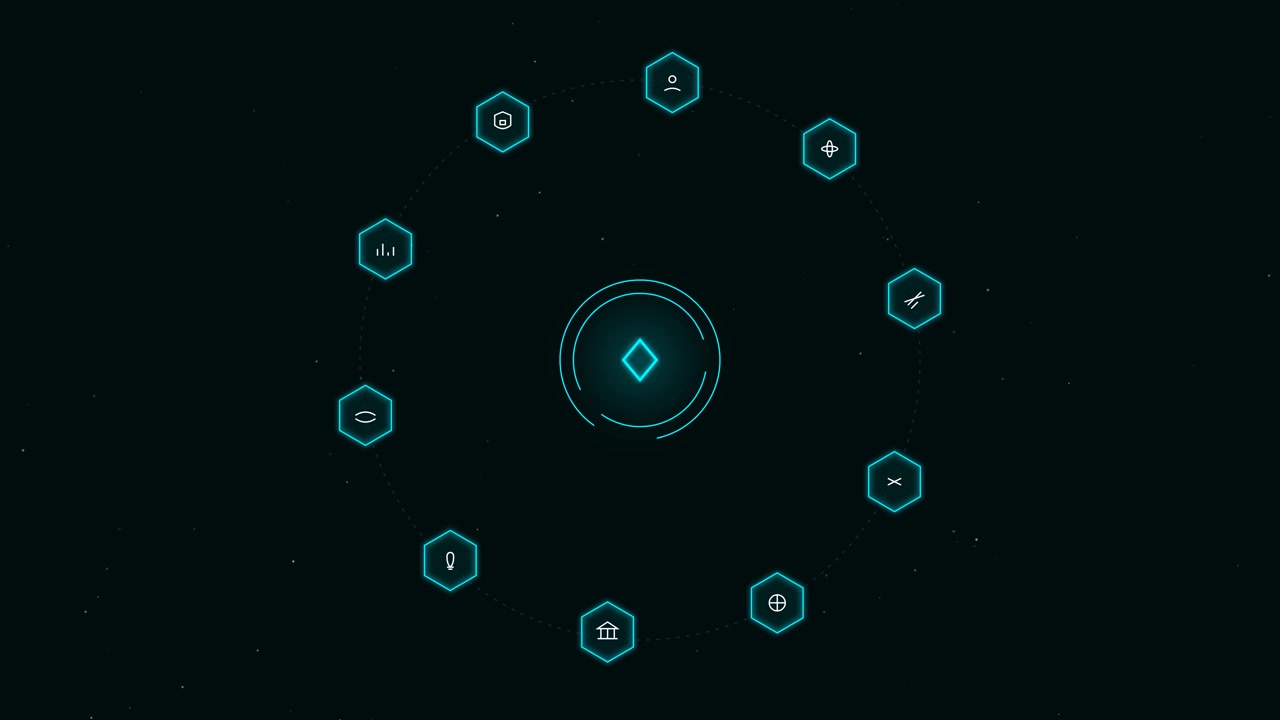 Futuristic Digital Interface with Rotating Hexagonal Icons