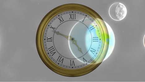 Animation-of-solar-system,-planets-and-space-over-clock-ticking