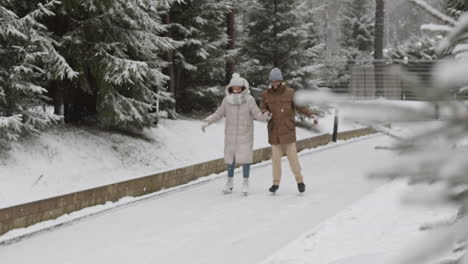 couple ice skating in a snowy park