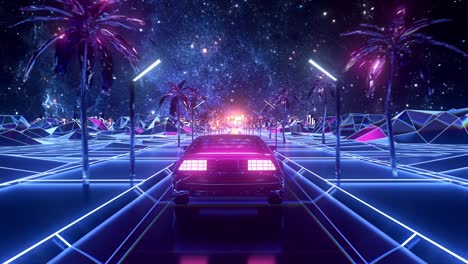 abstract landscape of the futuristic neon city and the road with moving car. stock animation. cyberpunk theme, beautiful retro car driving along pyramids, seamless loop