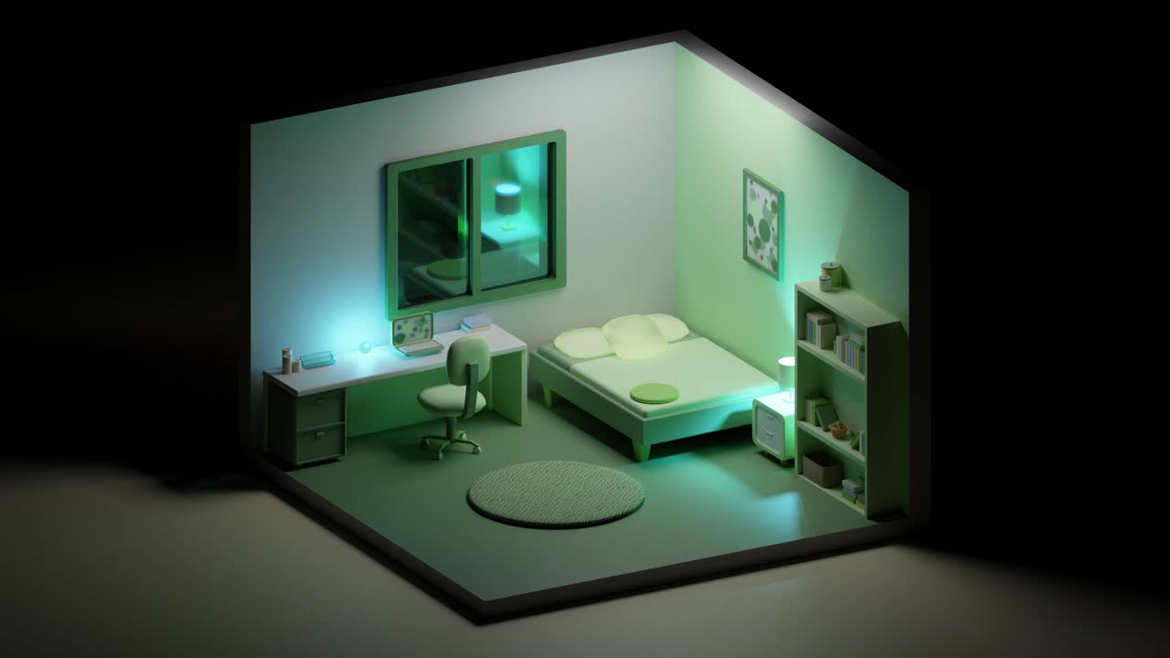 3D animation loop of modern low poly bedroom with glowing neon lamps, isometric view