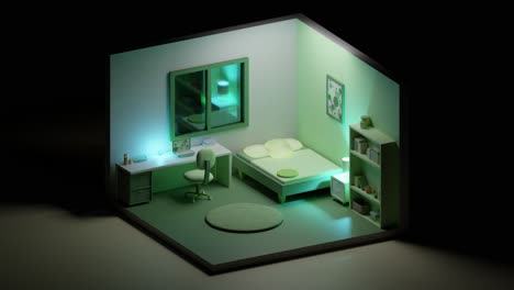 3d animation loop of modern low poly bedroom with glowing neon lamps, isometric view