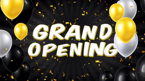 grand opening text appears on confetti popper explosions falling and glitter particles, colorful flying balloons seamless loop animation.