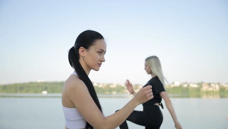 women in sportswear doing sports exercises outdoors near the lake women in sportswear doing sports exercises outdoors near the lake