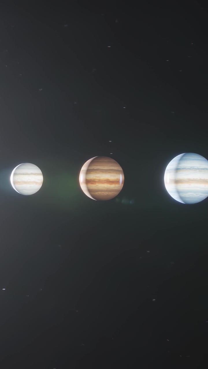 Vertical video: Opening showing three banded planets rotating, shifting light in space, green flare