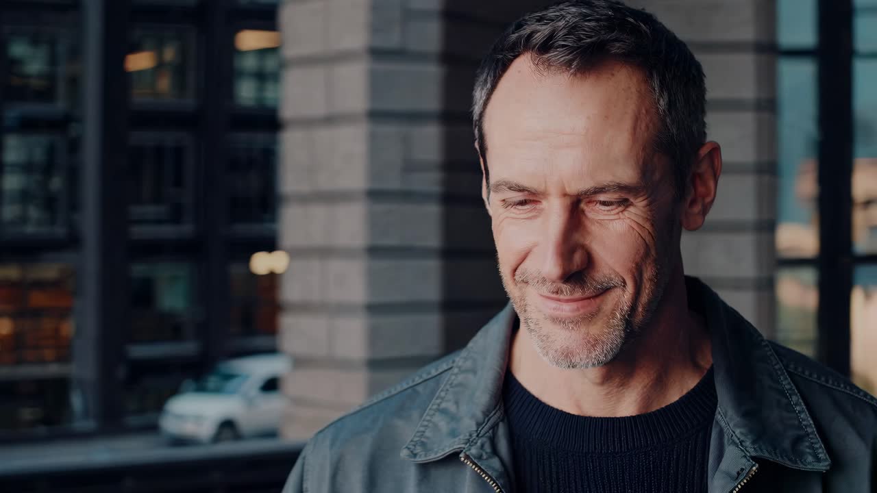 Professional male exuding confidence with warm smile near urban window, embodying contemporary business lifestyle against blurred cityscape background
