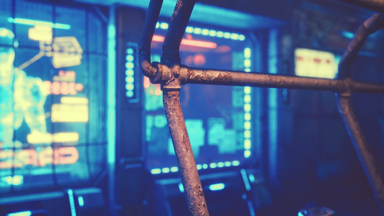 미래적 인 우주선 내부의 녹슬은 금속 레일링의 클로즈업