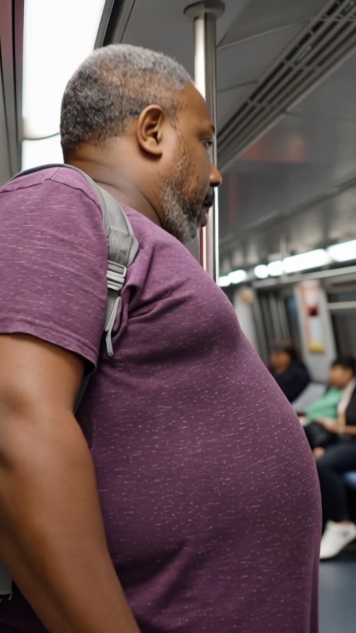 Um homem está de pé no vagão do metrô, vestindo camisa roxa e mochila. Ele olha para o lado, exibindo seu perfil e cabelos grisalhos. O fundo mostra o interior do veículo de transporte com outros passageiros.