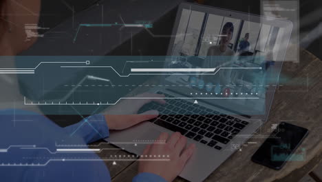 Animación-Del-Procesamiento-De-Datos-Sobre-Una-Mujer-De-Negocios-Caucásica-Que-Tiene-Una-Videollamada-Portátil-Con-Un-Colega