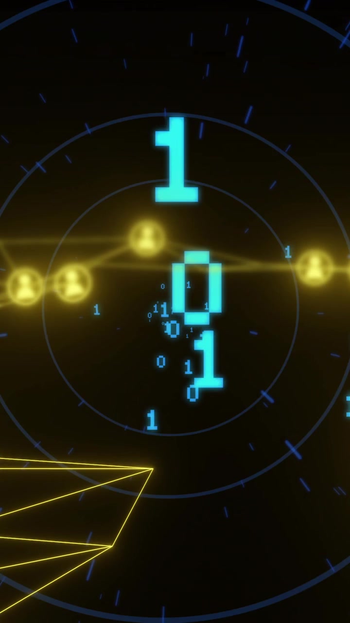 Binary code and network connections over digital tunnel animation