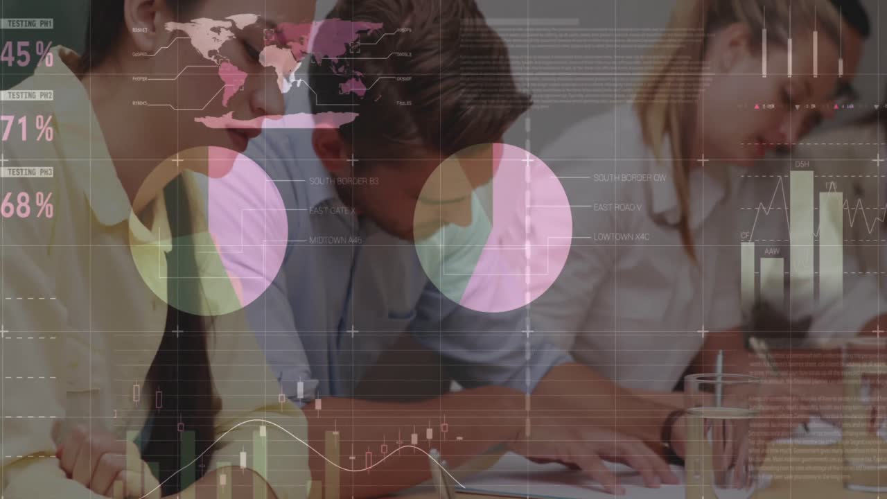 animación de estadísticas y procesamiento de datos financieros sobre empresarios en reuniones