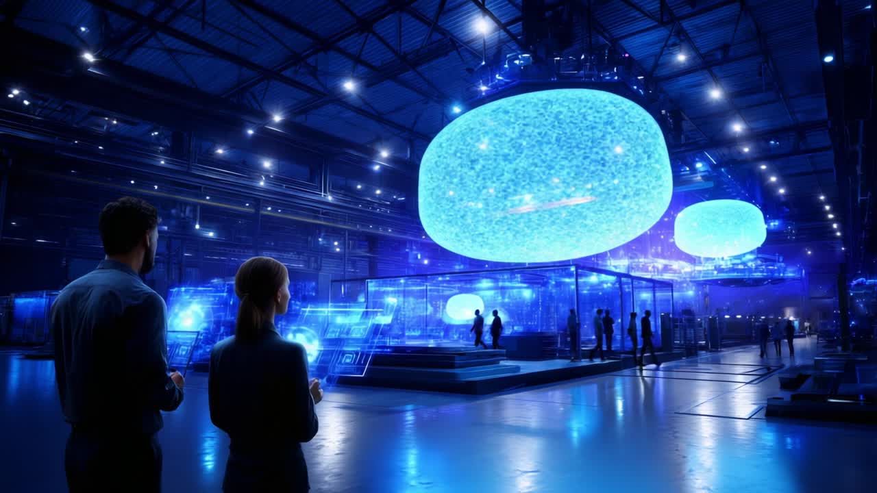 A High-Tech Warehouse Featuring Advanced Visual Displays and Digital Interfaces, Captivating Viewers with Futuristic Glow and Intense Blue Lighting, Showcasing Innovations in Technology and Architecture