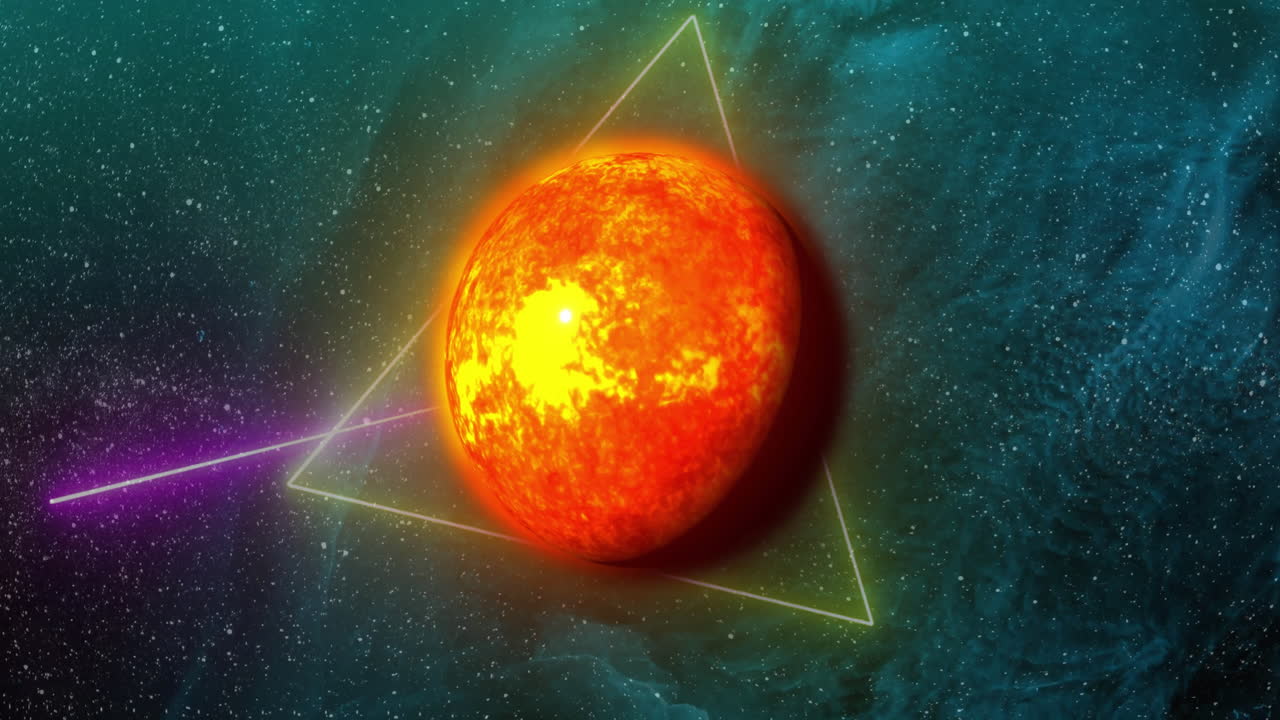 Animation of colourful shapes over planet on sky with stars