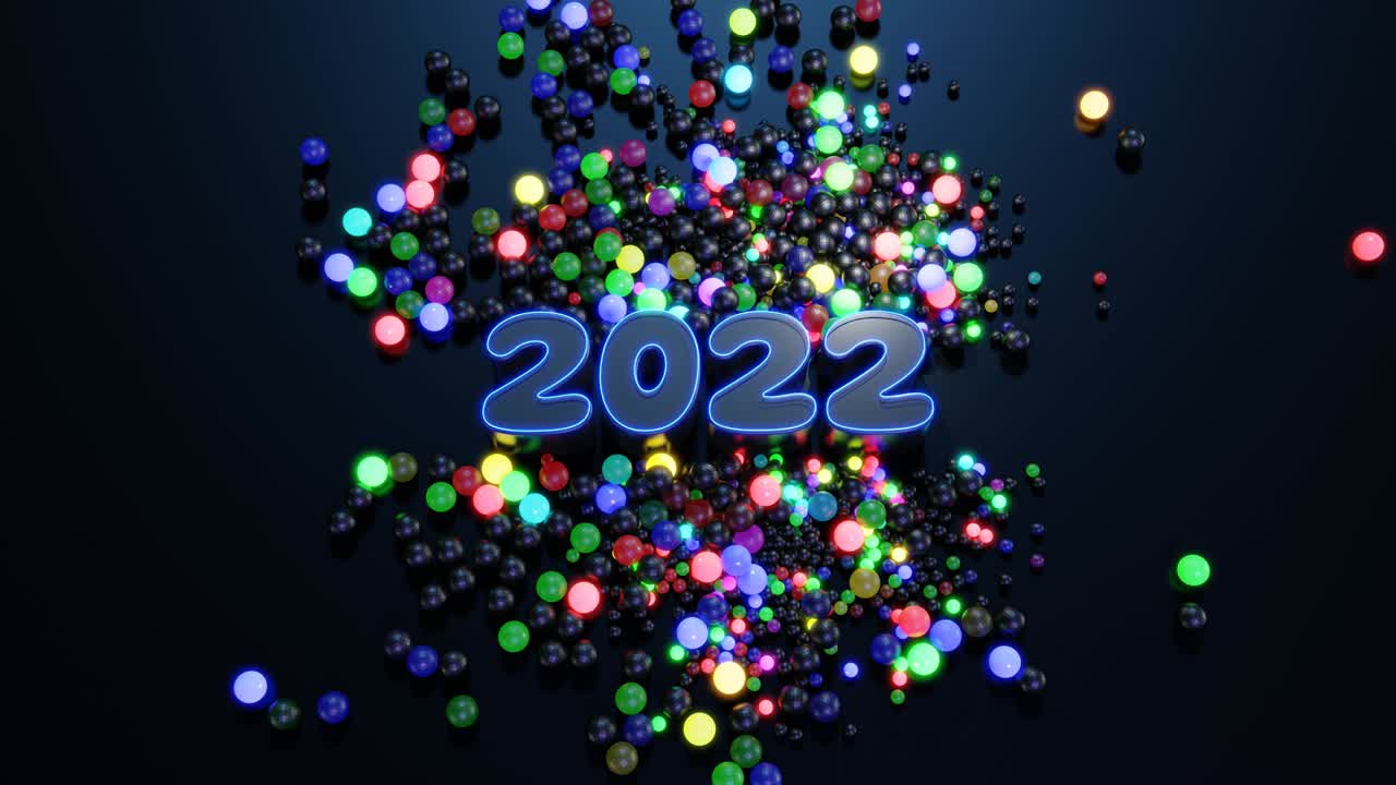 Sfondo di Capodanno in loop. Numeri 2022 e ghirlanda natalizia di palline o sfere sparse su un piano, che si illuminano in più colori e formano un bellissimo motivo. Composizione natalizia 4K con luce al neon