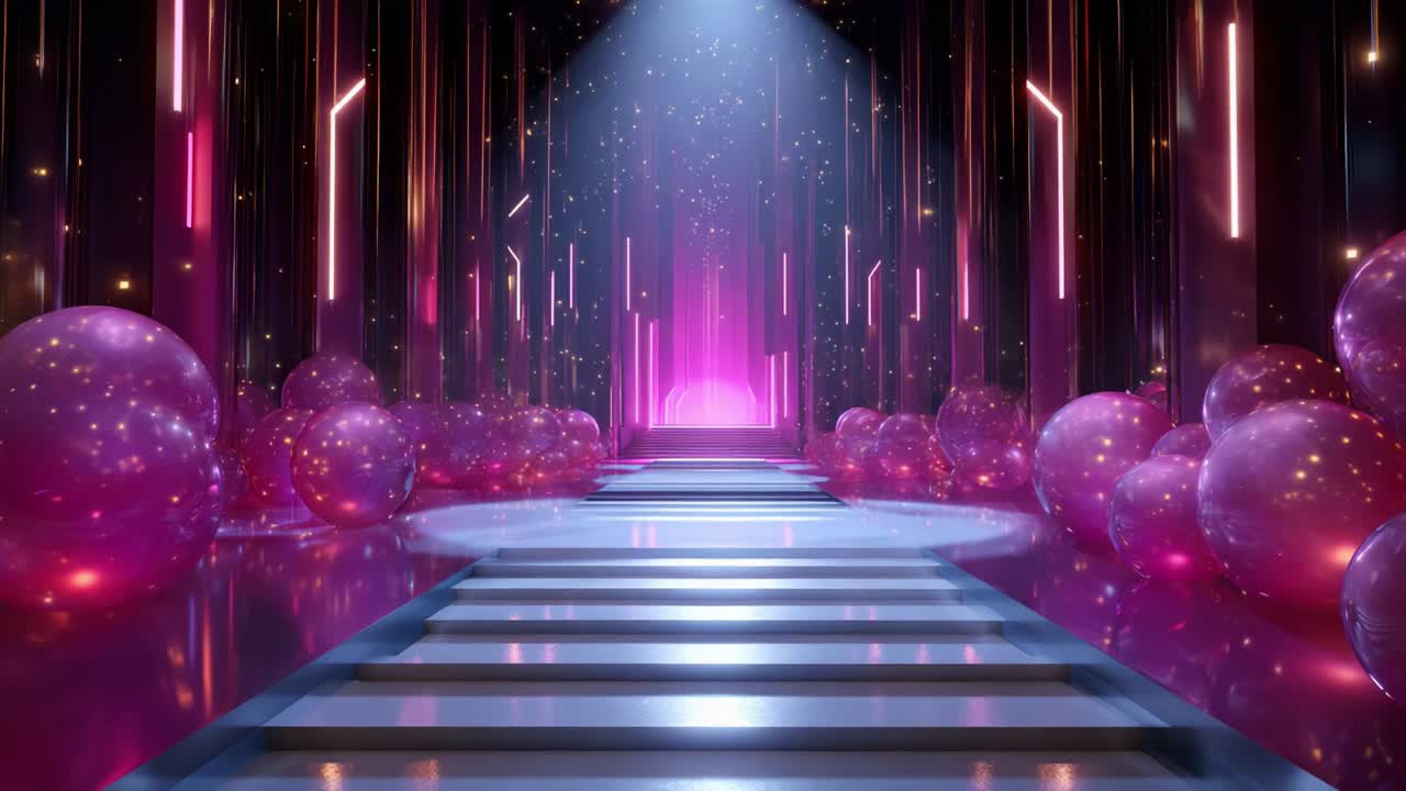 A Stunning Visual Journey Through an Extravagantly Lit Entrance Featuring Luminous Pink Spheres and Glimmering Lighting, Creating an Enchanting Atmosphere Ideal for Events or Celebrations