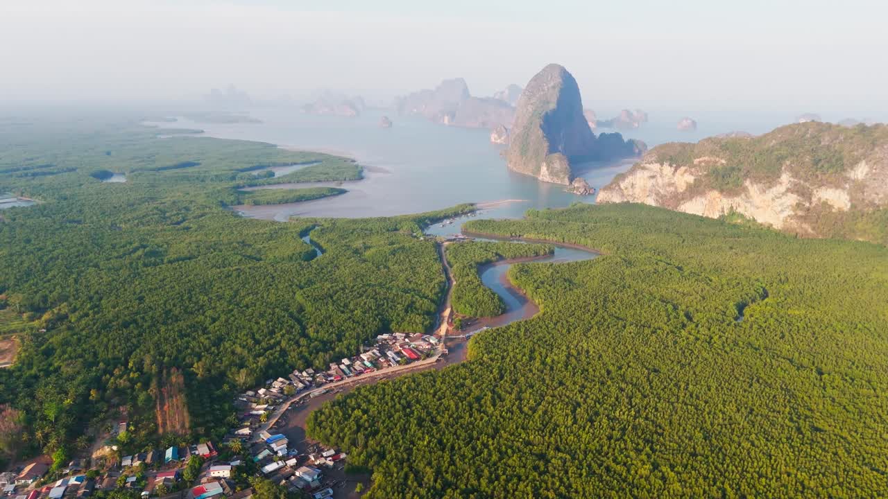 Aerial drone fly sea beach town of phang nga bay Thailand in Andaman Sea, summer vibes landscape