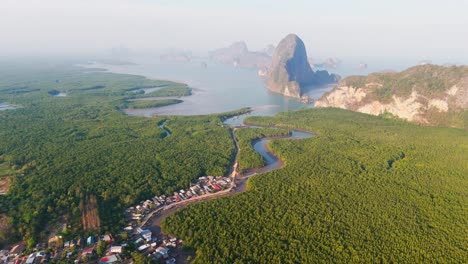 aerial drone fly sea beach town of phang nga bay thailand in andaman sea, summer vibes landscape