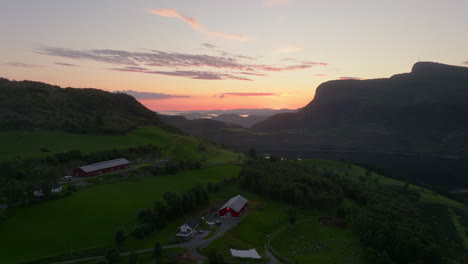 Colorful-sky,-sunset-above-archipelago,-coastal-landscape-of-West-Norway
