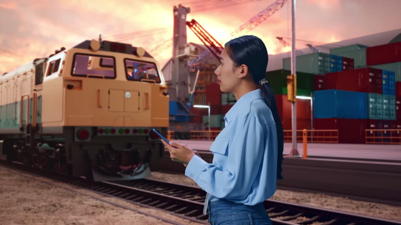 Side View Of Asian Female With Freight Cargo Train At Port, Observes By Looking Up Then She Come To Concentrating On The Phone And Keep On Checking