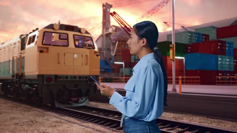 side view of asian female with freight cargo train at port, observes by looking up then she come to concentrating on the phone and keep on checking