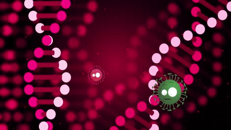 Animation-of-dna-strand-and-virus-cells-over-pink-background