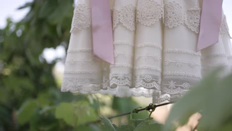 close up de un vestido de bebé con intrincados detalles de encaje y arcos rosados, colgando al aire libre en una rama, capturando una escena delicada y encantadora