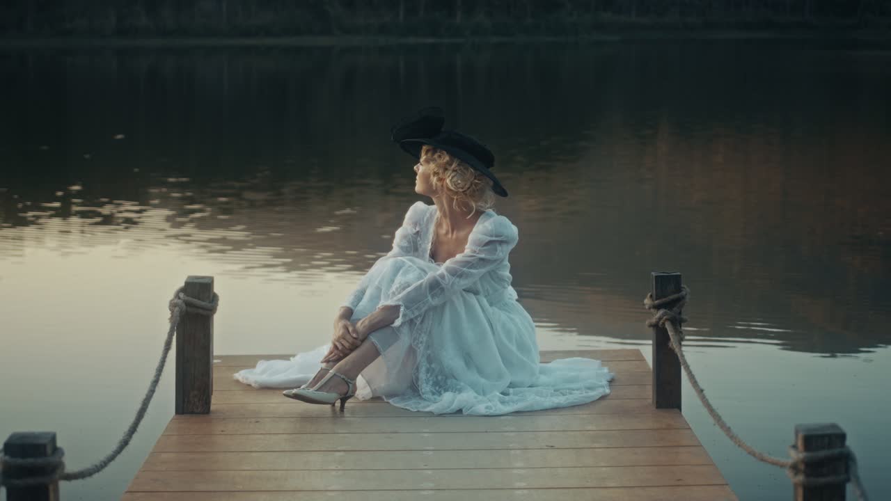 Donna elegante in abito vintage seduta su un molo di legno al crepuscolo