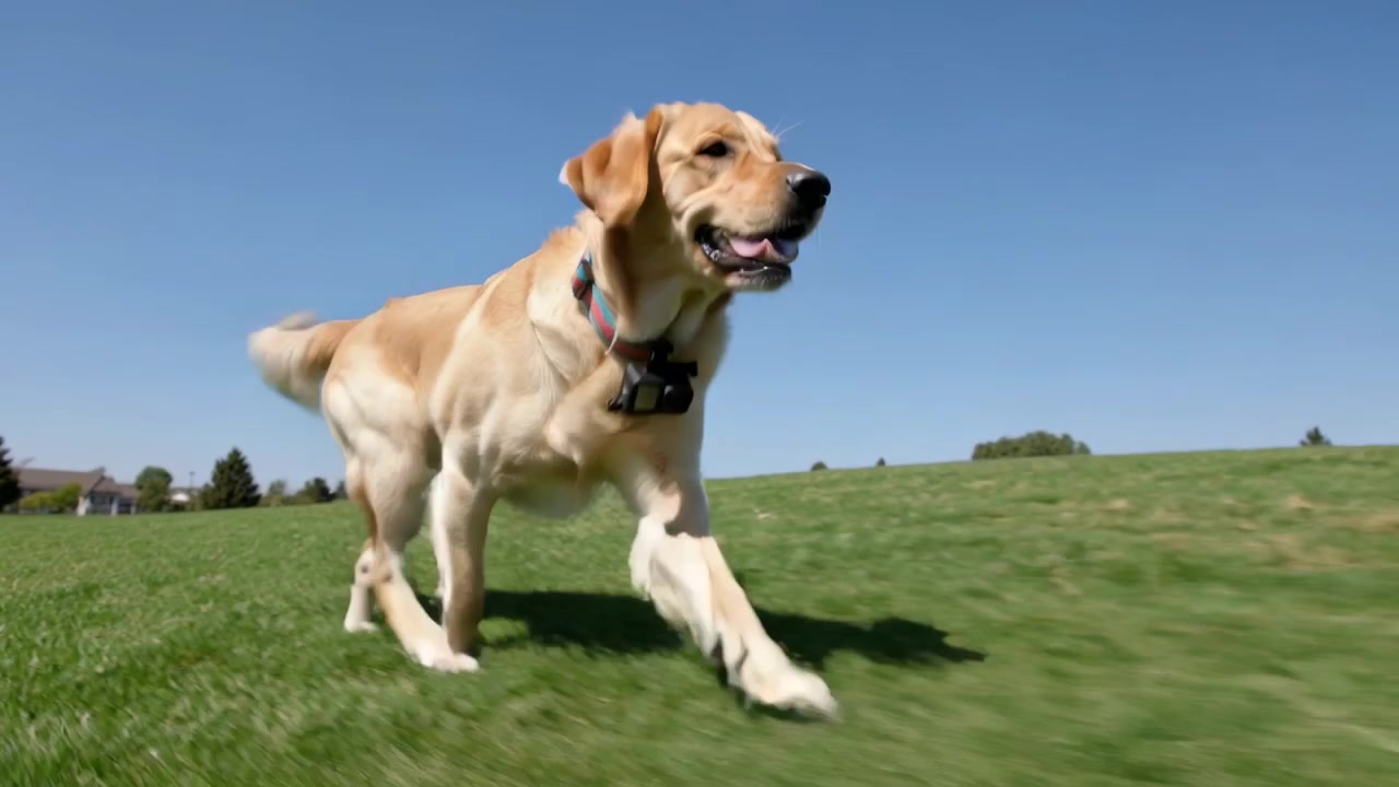 Cane dorato che trotta e si avvicina alla telecamera nel parco, con un collare multicolore e un localizzatore nero.