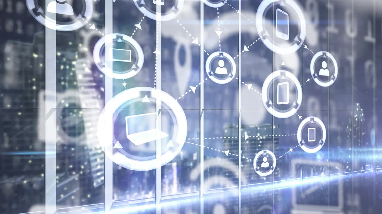 도시 풍경에서 이동하는 데이터와 정보로 연결된 기술 아이콘의 애니메이션