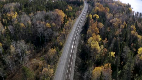 Una-Lenta-Plataforma-Rodante-Aérea-Hacia-Adelante-Sobre-Las-Vías-Del-Tren-Que-Recorre-El-Idílico-Bosque-Boreal-Otoñal-En-El-Escudo-Canadiense